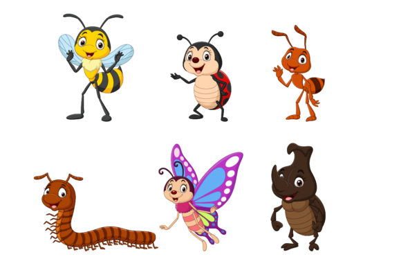 Set of Six Cartoon Insect Character Graphics